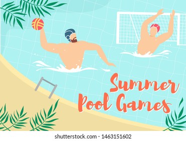 Summer Water Polo Competition, Game or Training with Sportsmen Playing with Ball in Swimming Pool. Sport, Healthy Lifestyle Activity, Championship Tournament Cartoon Flat Vector Illustration, Banner