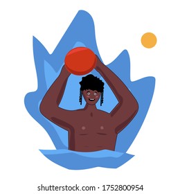 Summer Water Polo Competition, Game or Training with Sportsmen Playing with Ball in Swimming Pool. Sport, Healthy Lifestyle Activity, Championship Tournament Cartoon Flat Vector Illustration, hand