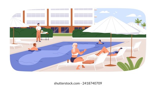 Summer water pool at hotel. People relaxing, resting, sunbathing on deckchairs, swimming outdoors. Tourists recreation at vacation, holiday. Flat vector illustration isolated on white background