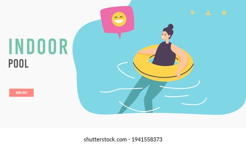 Summer Water Recreation Landing Page Template. Little Girl Learning to Swim Floating on Inflatable Ring in Swimming Pool or Sea. Child Character Sports Activity. Cartoon People Vector Illustration