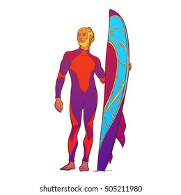 Summer water sport activities. Athletic shaped surfer wearing fullbody drysuit with decorated surfboard. Front view. Hand drawn painted sketch isolated on white background. EPS10 vector illustration.