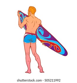 Summer water sport activities. Athletic shaped surfer wearing swimming brefs with decorated surfboard. Back view. Hand drawn painted sketch isolated on white background. EPS10 vector illustration.