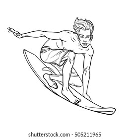 Summer water sport activities. Blond smiling surfer in drysuit riding a wave on a surfboard. Hand drawn black sketch isolated on white background. EPS10 vector illustration.