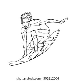 Summer water sport activities. Smiling surfer in drysuit riding a wave on a surfboard. Hand drawn black sketch isolated on white background. EPS10 vector illustration.