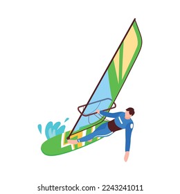 Icono isométrico del deporte de agua de verano con el hombre del windsurf Ilustración vectorial 3d