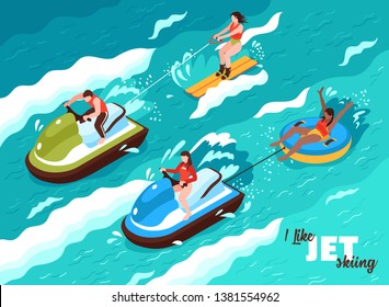 Summer water sport isometric poster on sea waves background with people involved in jet skiing vector illustration