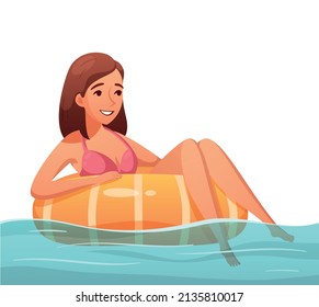 Summer water sports cartoon composition with character of girl sitting in inflatable rubber ring vector illustration