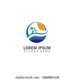 summer water wave logo template, circular sun logo, holiday, beach icon illustration