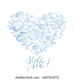 Summer watercolor background with sea shells and calligraphy Hand drawn creative abstract image