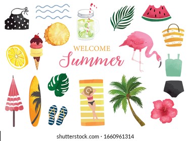 Summer watercolor collection with watermelon,lemon,flamingo and ice creame.Vector illustration for icon,logo,sticker,printable,postcard and invitation