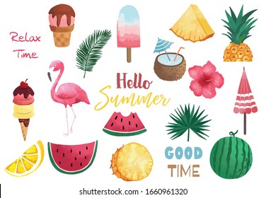 Summer watercolor collection with watermelon,lemon,flamingo and ice creame.Vector illustration for icon,logo,sticker,printable,postcard and invitation