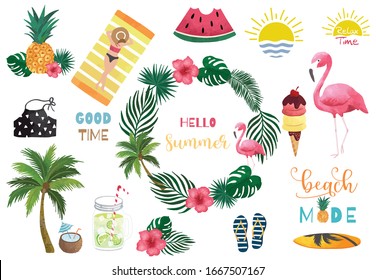 Colección de acuarela de verano con sandía, limón, flamingo y helado.Ilustración vectorial para icono, logotipo, adhesivo, imprimible, postal y invitación