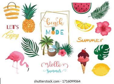 Summer watercolor collection with watermelon,lemon,flamingo and ice creame.Vector illustration for icon,logo,sticker,printable,postcard and invitation