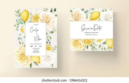 Summer Watercolor Floral With Botanical Lemon Fruit Wedding Card Set