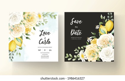 Summer watercolor floral with botanical lemon fruit wedding card set