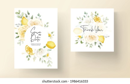 Summer watercolor floral with botanical lemon fruit wedding card set