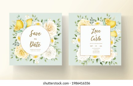 Summer Watercolor Floral With Botanical Lemon Fruit Wedding Card Set