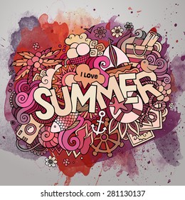 Summer watercolor hand lettering and doodles elements. Vector illustration