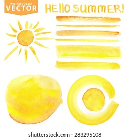 Summer Watercolor hand painting texture brushes,splash,spot,lettering hello summer,sun shine set.Summer Orange,yellow.Warm ,Bright design template.Vintage vector background.Holiday,vacation,artistic