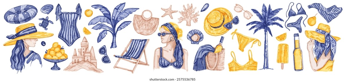 Summer watercolor illustration set, vector hand drawn beach vacation sticker, tropical ocean rest. Beautiful woman portrait, mediterranean weekend clipart, swimming suit, sun hat. Summer beach kit 