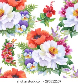 Summer watercolor meadow flowers seamless pattern on white background vector illustration