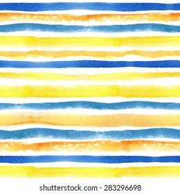 Summer Watercolor Seamless Pattern Border. Yellow, Orange,blue  Horizontal Strips.Sun Ray,summer,sea Wave Hand Drawing Painting Background, Backdrop,fabric,Wallpaper.Vector.Travel, Vacation Design. 