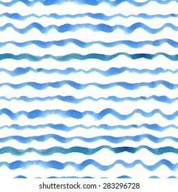 Summer Watercolor seamless pattern border.Blue cyan horizontal strips.Water, sea ,ocean wave.Hand drawing painting background.For Backdrop,background,fabric,Wallpaper.Vector travel, vacation design. 