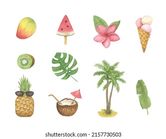 Summer watercolor set with food and leaves. Clip art with watermelon, ice cream, pineapple, mango, kiwi and coconut, palm, flower. 