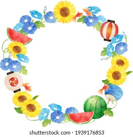 Summer watercolor vector illustration frame of sunflower and morning glory