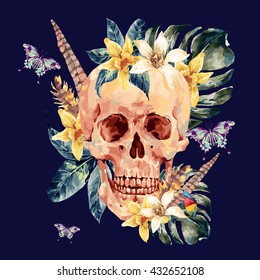 Summer watercolor vector skull, tropical leaves, flowers, exotic butterflies and feathers Hand painted skull illustration isolated on black background. Vintage vector boho objects art