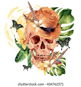 Summer watercolor vector skull, tropical leaves, flowers, exotic butterflies and feathers Hand painted skull illustration isolated on white background. Vintage vector boho objects art