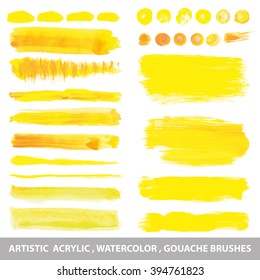 Summer Watercolor,gouache,acrylic hand painting texture brushes,splash,spot, sun shine set. Orange,yellow.Warm ,Bright design template.Vintage vector background.Holiday,vacation,artistic vector