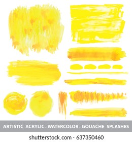 Summer Watercolor,gouache,acrylic hand painting texture brushes,splash,spot, sun shine set. Orange,yellow.Warm ,Bright design template.Vintage vector background.Holiday,vacation,artistic vector