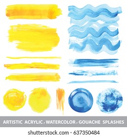 Summer Watercolor,gouache,acrylic hand painting texture brushes,splash,spot, sun shine set. Orange,yellow,blue.Design template.Vintage vector background.Holiday,vacation,artistic vector