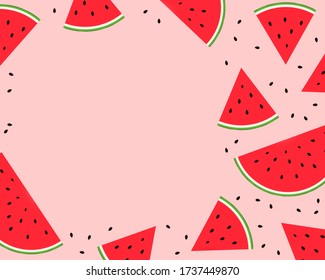 Summer Watermelon background with copy space. Watermelon slices and seeds on a pink background with an empty space for Your text. Vector stock flat illustration for banners, postcards, social networks