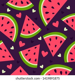 Summer watermelon background. Vector seamless pattern with juicy watermelon slices on white background. Cute red watermelon slice design. Vector flat cartoon illustration.