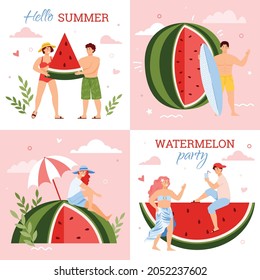Summer watermelon banners for social network and web, flat vector illustration. Summer thematic banners or posters collection with watermelon and tiny cartoon people.