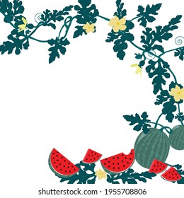Borde, marco o plantilla de fondo de la sandía de verano. Fresco y jugoso, de estilo llano, y sandías cortadas aisladas en fondo blanco. El concepto de verano de la sandía florece. Ilustración del vector