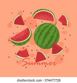 Summer Watermelon Card. Vector illustration of watermelon cartoon and lettering summer greeting card.