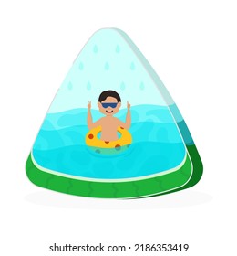 Summer watermelon concept with a young boy swimming in a sea for summer holidays or travel concept with space for your message.