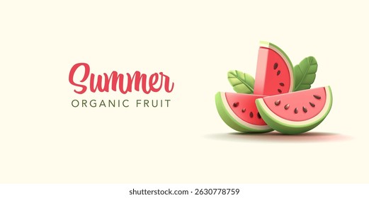 Summer watermelon, cut into pieces, and leaves, 3D. Organic natural fruit. For concepts of summer, rest, vitamins, desserts, and promotional offers. Vector illustration.