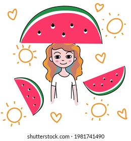 patrón de chica de sandía de verano con chica con sandía grande en la cabeza y patrón de sandía dibujado a mano vector