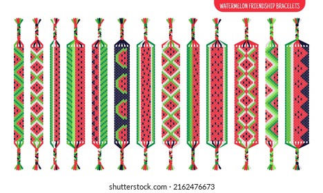 Summer watermelon handmade friendship bracelets set of threads or beads. Macrame normal pattern tutorial. Vector cartoon isolated illustration.