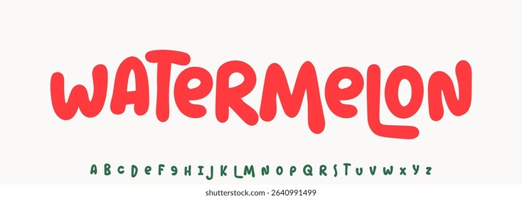 Summer Watermelon, joyful lettering, cartoon rounded typography. Childish font for friendly logo headline of culinary recipe book, sweets, ice cream title. Food typographic design. Vector typeset.