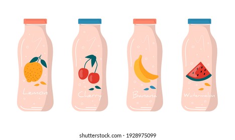 Summer watermelon, lemon, banana, cherry juice in bottle icon with fruits and berries. Vegan fruit and healthy detox cocktails. drinks, vitamin ice shakes for juice bar. Vector trendy