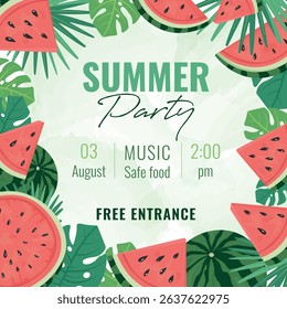 Summer Watermelon Party Invitation with Tropical Leaves and Watercolor Splashes on White Background – Vector Illustration for Kids Events, Fruit Festival, Seasonal Celebration, and Business Promotions