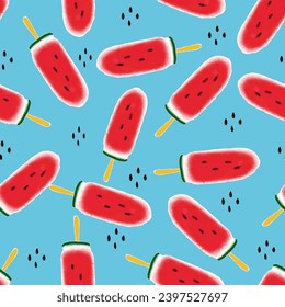 Summer watermelon pattern ice cream from watermelon on blue background.Vector illustration for textile design
