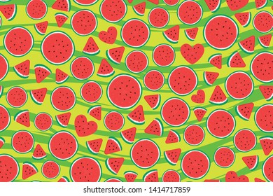 Summer Watermelon pieces. Wide Seamless pattern. Vector illustration on green striped texture background