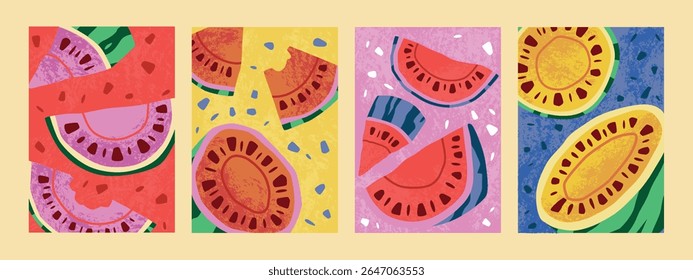 Cartaz de melancia de verão. Projeto de cartão de frutas com suculentas fatias vermelhas, fundo abstrato. Banner tropical decorativo, arte brilhante da comida de férias. Sobremesa orgânica natural amarela e vermelha. Conjunto de rabiscos vetoriais