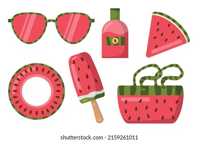 Summer watermelon set (sunglasses, watermelon, ice cream, inflatable life buoy, suntan lotion, beach bag) in flat style. Vector image.